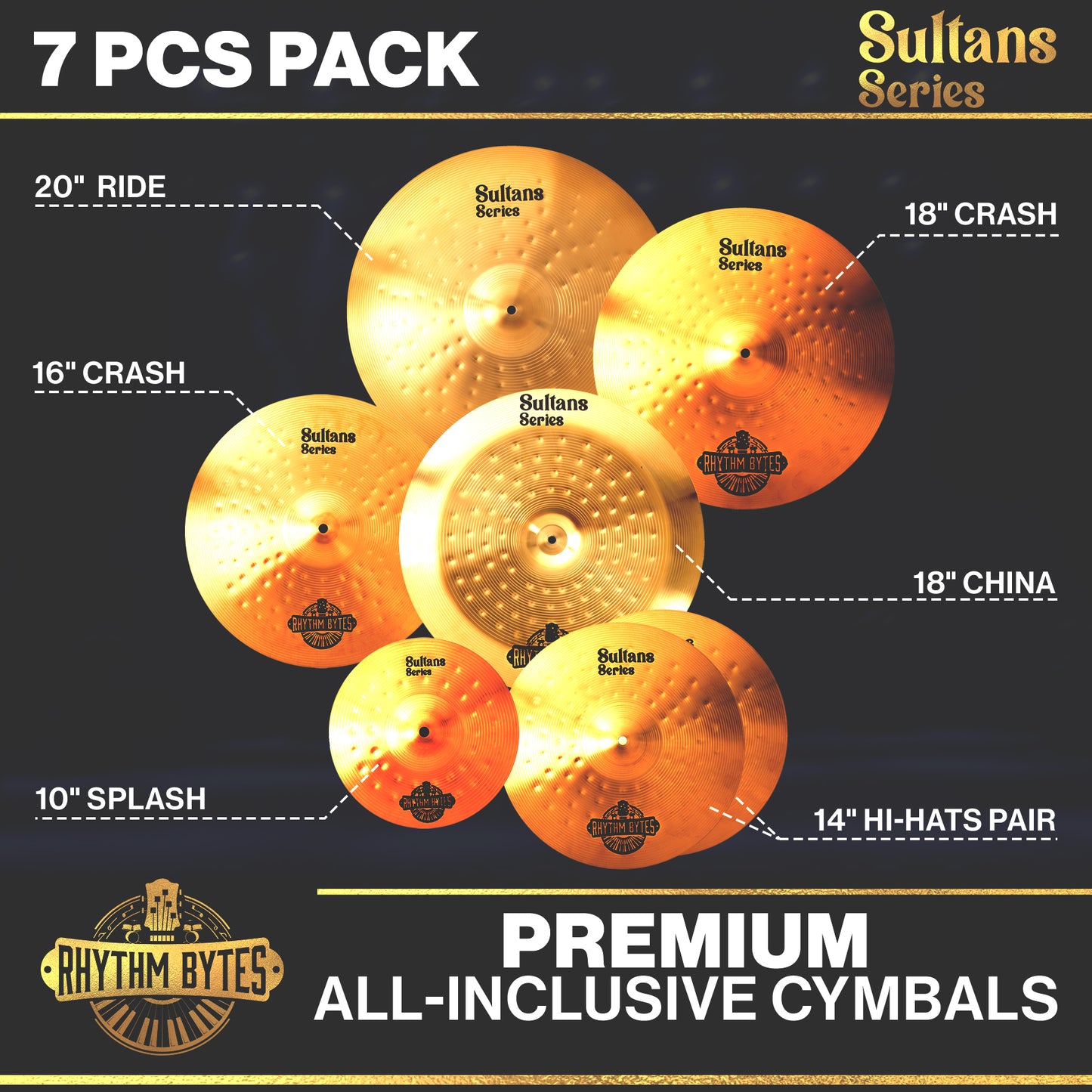 Rhythm Bytes Cymbal Set for Drums | New Sultans Series 7 pcs Cymbals Pack Includes 14" High-Hat, 16" Crash, 18" Crash, 20" Ride, Bonus 10" Splash and 18" China Cymbal