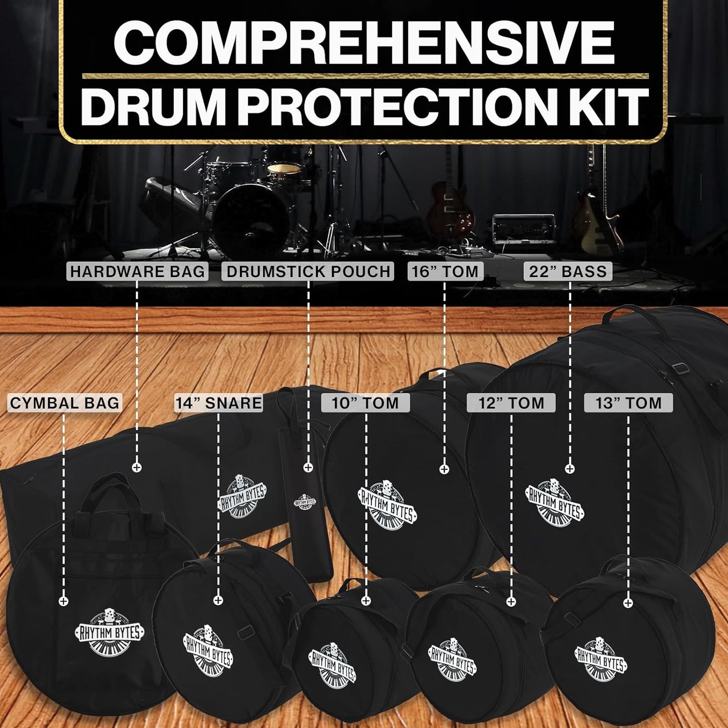 Rhythm Bytes Drum Bags Set, 9-pcs Set, 10/12/13/16 F Tom/14 Snare/22 Bass/ Drum hardware bag/ Cymbal Bag/ Drumsticks bag