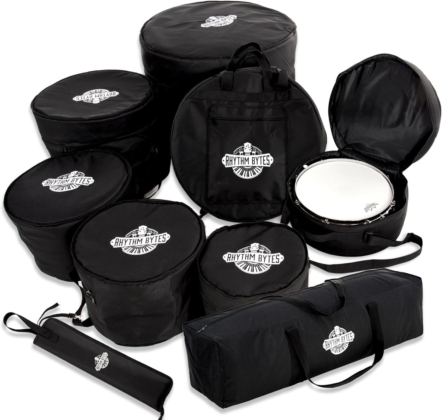 Rhythm Bytes Drum Bags Set, 9-pcs Set, 10/12/13/16 F Tom/14 Snare/22 Bass/ Drum hardware bag/ Cymbal Bag/ Drumsticks bag