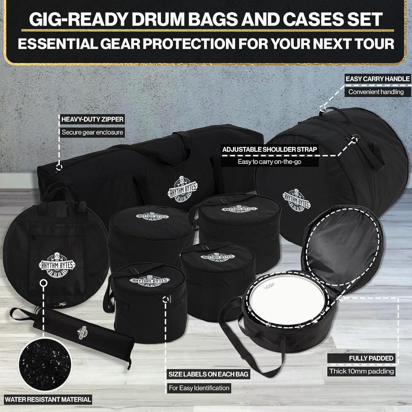 Rhythm Bytes Drum Bags Set, 9-pcs Set, 10/12/13/16 F Tom/14 Snare/22 Bass/ Drum hardware bag/ Cymbal Bag/ Drumsticks bag