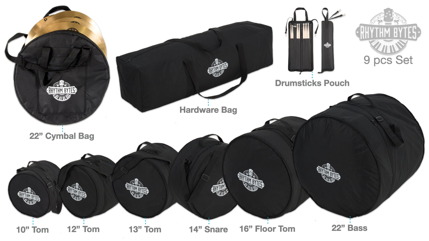 Rhythm Bytes Drum Bags Set, 9-pcs Set, 10/12/13/16 F Tom/14 Snare/22 Bass/ Drum hardware bag/ Cymbal Bag/ Drumsticks bag