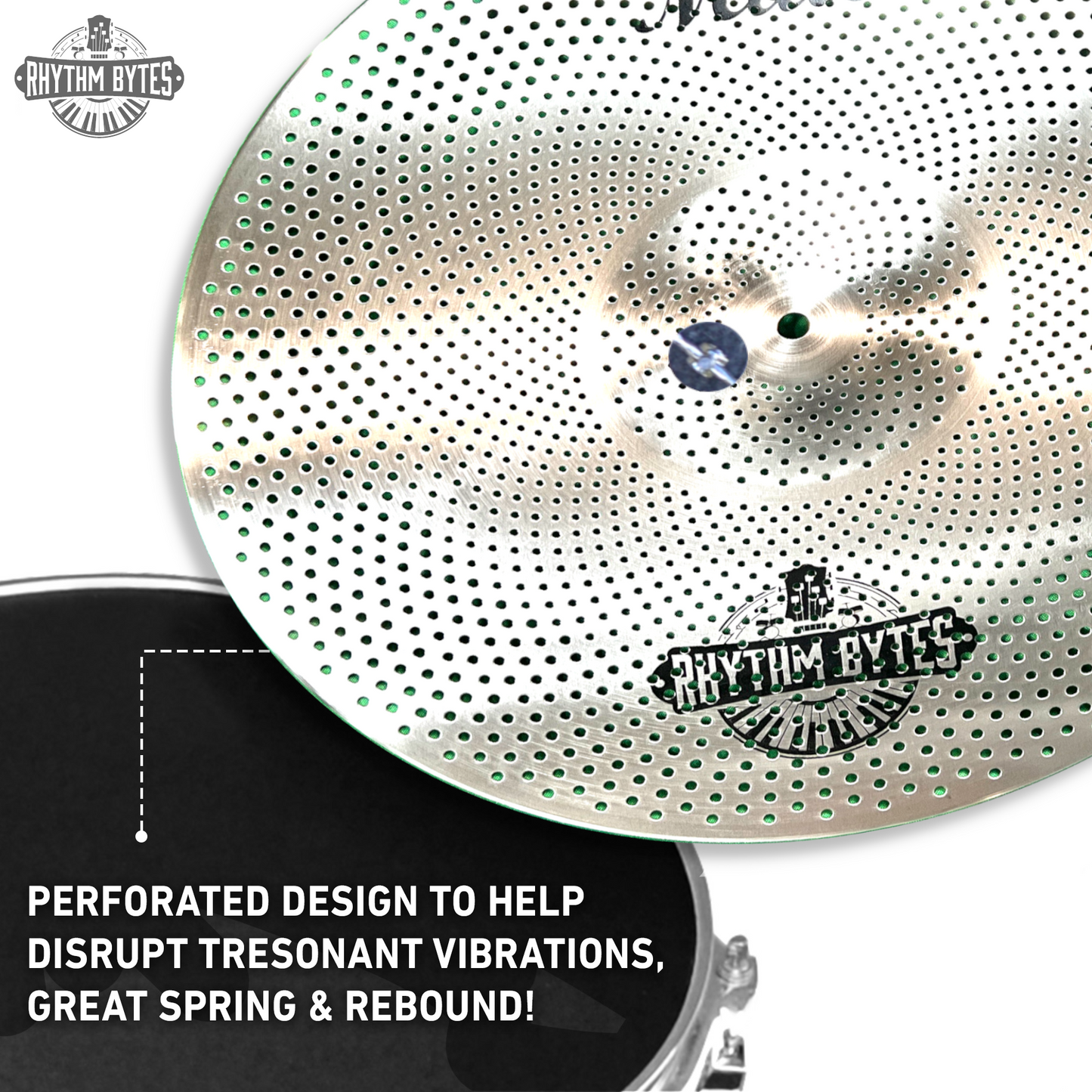Rhythm Bytes Low Volume Cymbal Pack with Drum Silencer Pads, 13pcs, Cymbals Set - 14"/16"/18"/20", Drum Mute Pads - 8"/10"/12"/13"/14"/16", 1 Bass Mute, 1 Snare Wire Mute, Silver