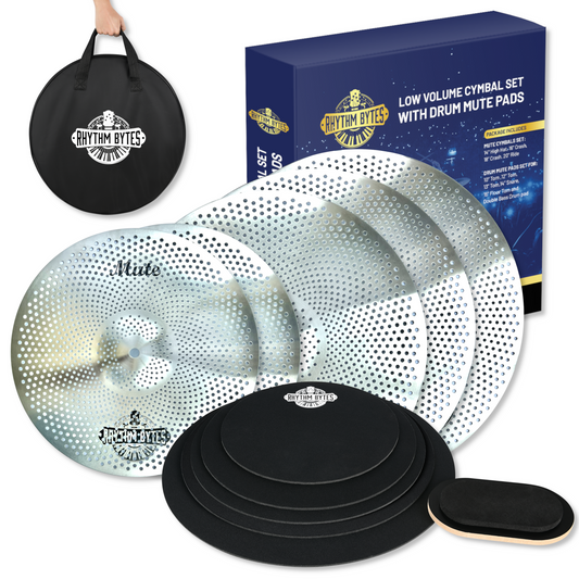 Low Volume Cymbal Pack with Drum Mute Pads, Complete 12pcs Set - Quiet Cymbals 14"/16"/18"/20" | Drum Mutes 10"/12"/13"/14"/16", 1 Bass Drum Mute Pad, Free Cymbal Bag