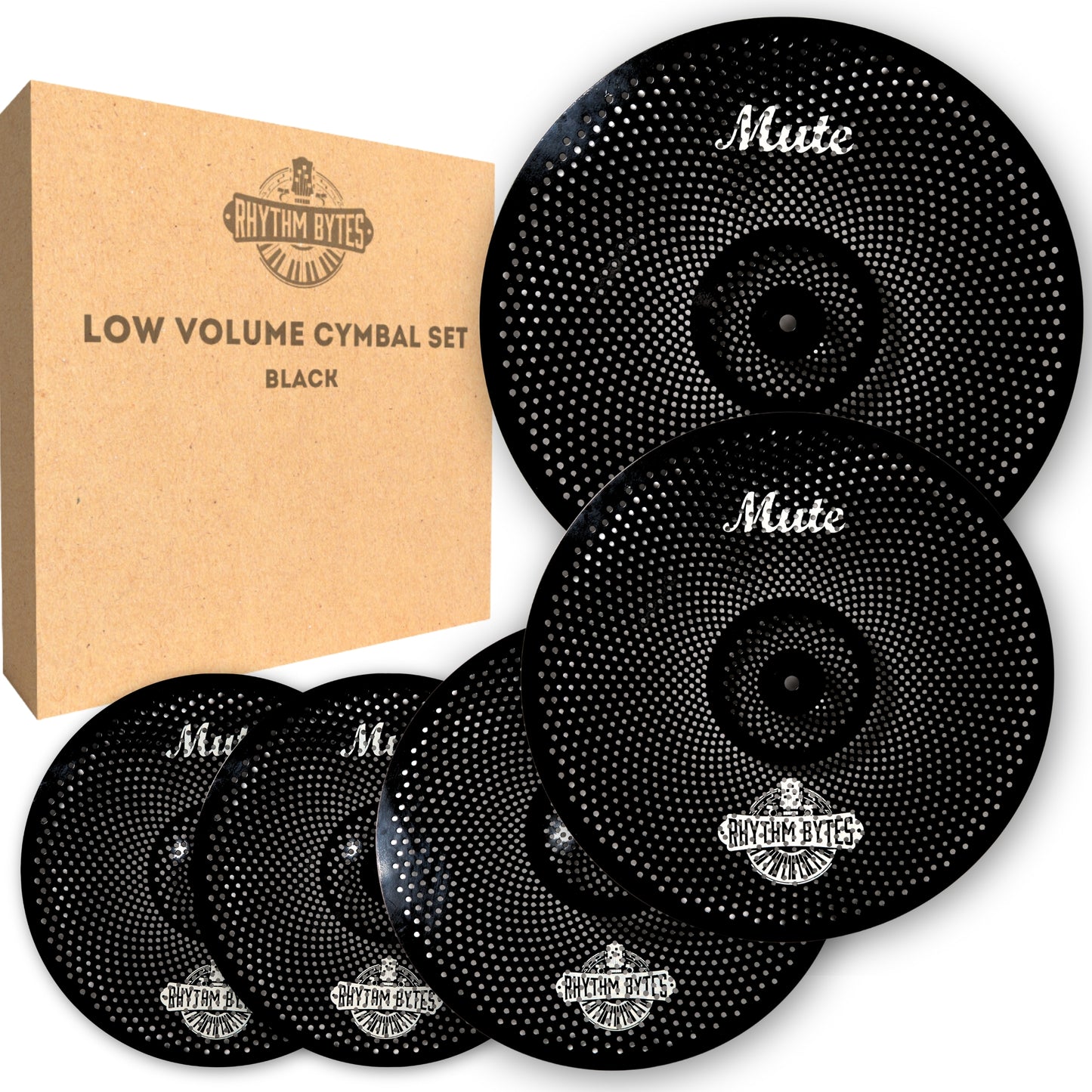 Rhythm Bytes Low Volume Cymbal Pack | 5-pcs Quiet Cymbal Set | Silent Practice for Drums – 14" Hi-Hats, 16" Crash, 18" Crash, 20" Ride | Perfect for Practice & Rehearsals, 3 Color Options