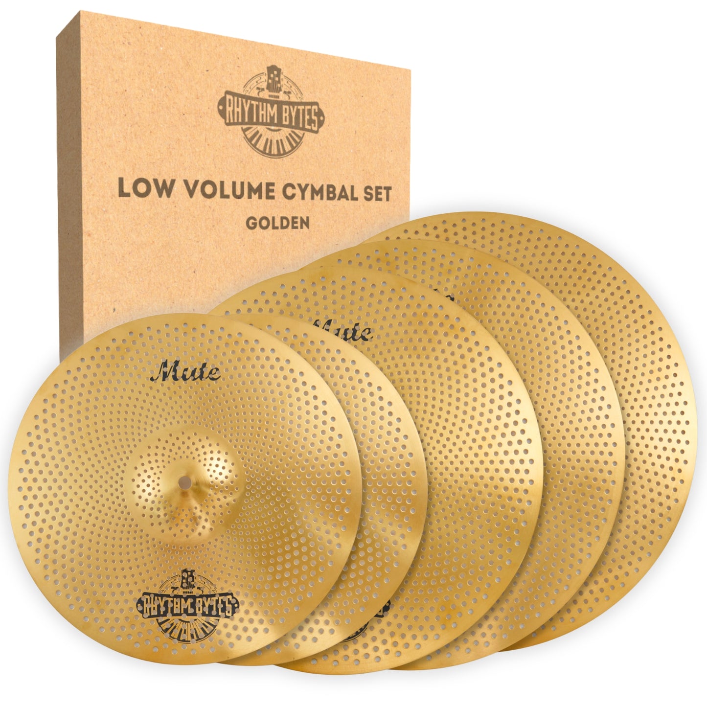 Rhythm Bytes Low Volume Cymbal Pack | 5-pcs Quiet Cymbal Set | Silent Practice for Drums – 14" Hi-Hats, 16" Crash, 18" Crash, 20" Ride | Perfect for Practice & Rehearsals, 3 Color Options