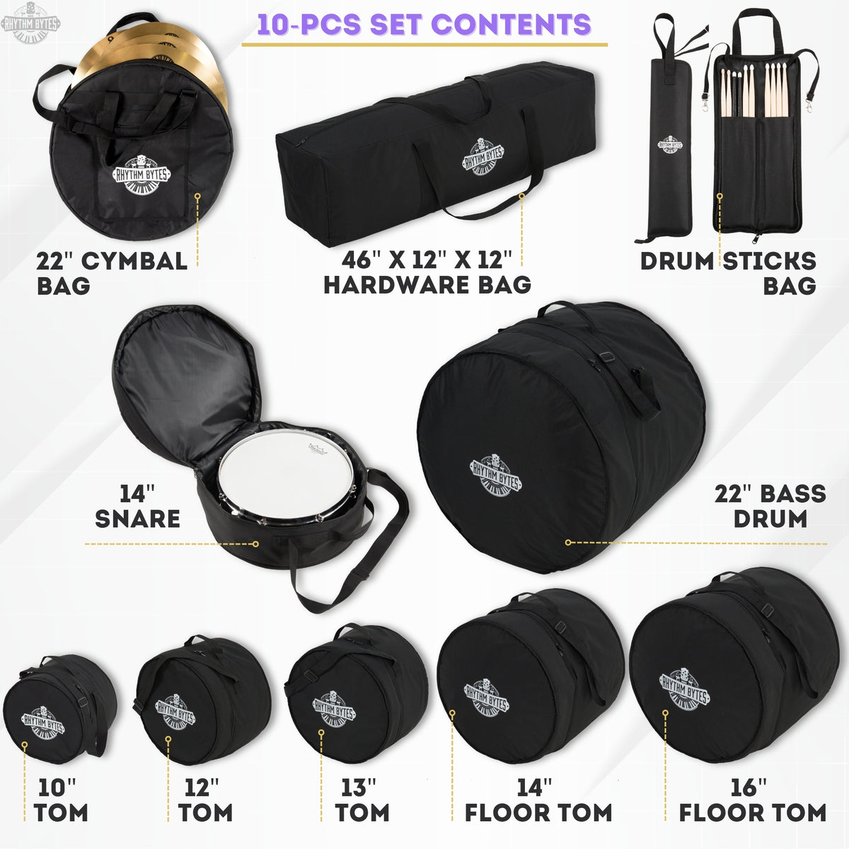 10-pieces Drum Cases, Professional Drum Bags set, Thick 10mm Padding, Cases for 10"/12"/13" Toms, 14" Floor Tom, 16" Floor Tom, 14" snare, 22" Kick, 46" hardware bag, 22" Cymbal Bag, Drumstick bag