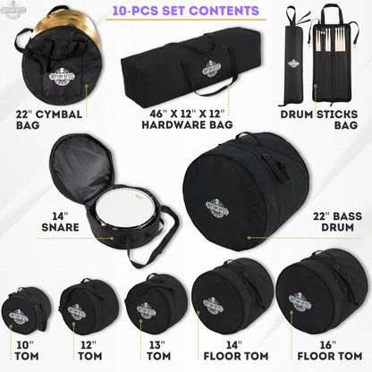 10-pieces Drum Cases, Professional Drum Bags set, Thick 10mm Padding, Cases for 10"/12"/13" Toms, 14" Floor Tom, 16" Floor Tom, 14" snare, 22" Kick, 46" hardware bag, 22" Cymbal Bag, Drumstick bag