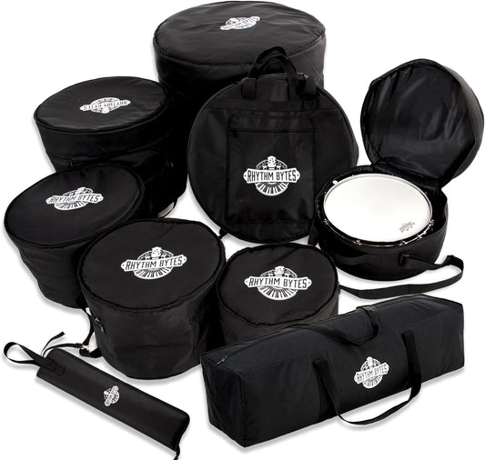 Rhythm Bytes Drum Bags Set, 9-pcs Drum cases Include 10" Tom Bag, 12" Tom Bag, 13" Tom Bag, 16" Tom Bag, 14" snare drum bag, 22" Bass drum case, Large drum hardware bag, Cymbal Bag & Drum stick bag