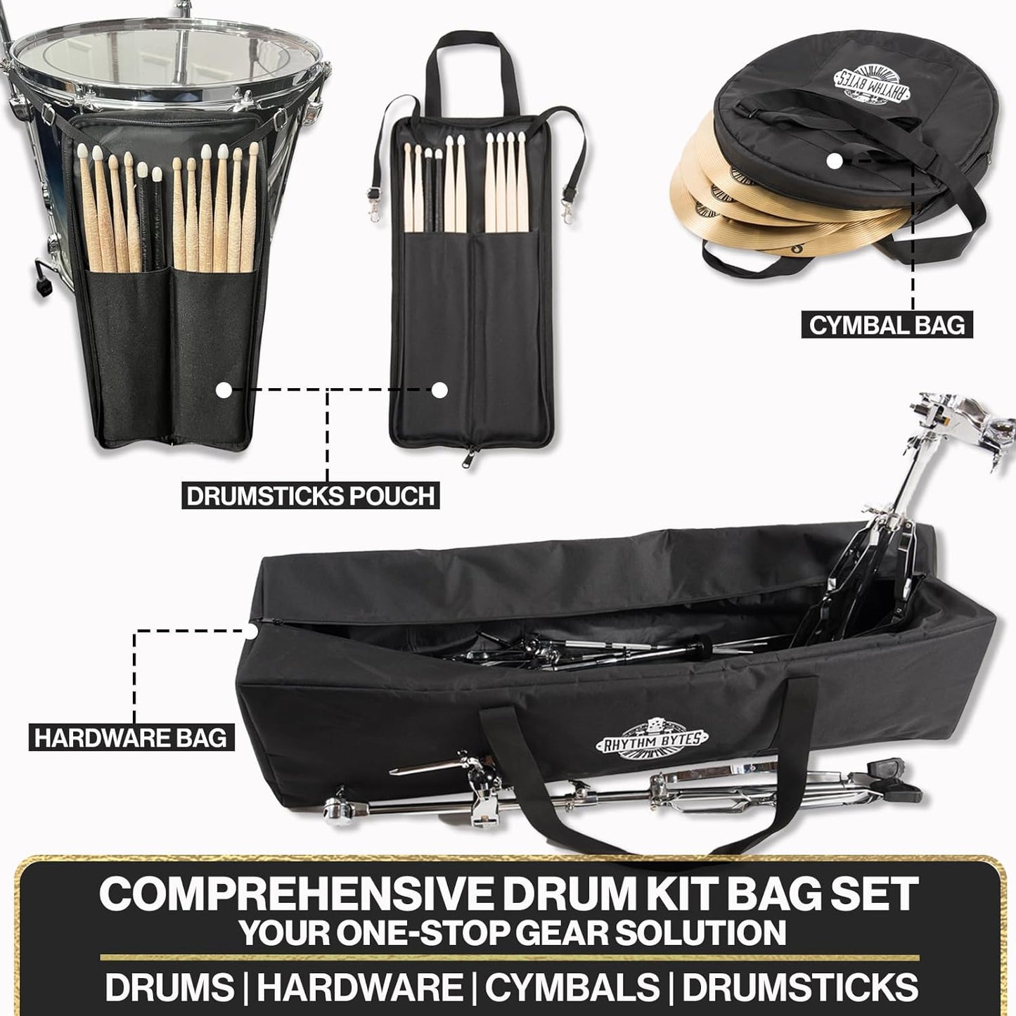 Rhythm Bytes Drum Bags Set, 9-pcs Drum cases Include 10" Tom Bag, 12" Tom Bag, 13" Tom Bag, 16" Tom Bag, 14" snare drum bag, 22" Bass drum case, Large drum hardware bag, Cymbal Bag & Drum stick bag