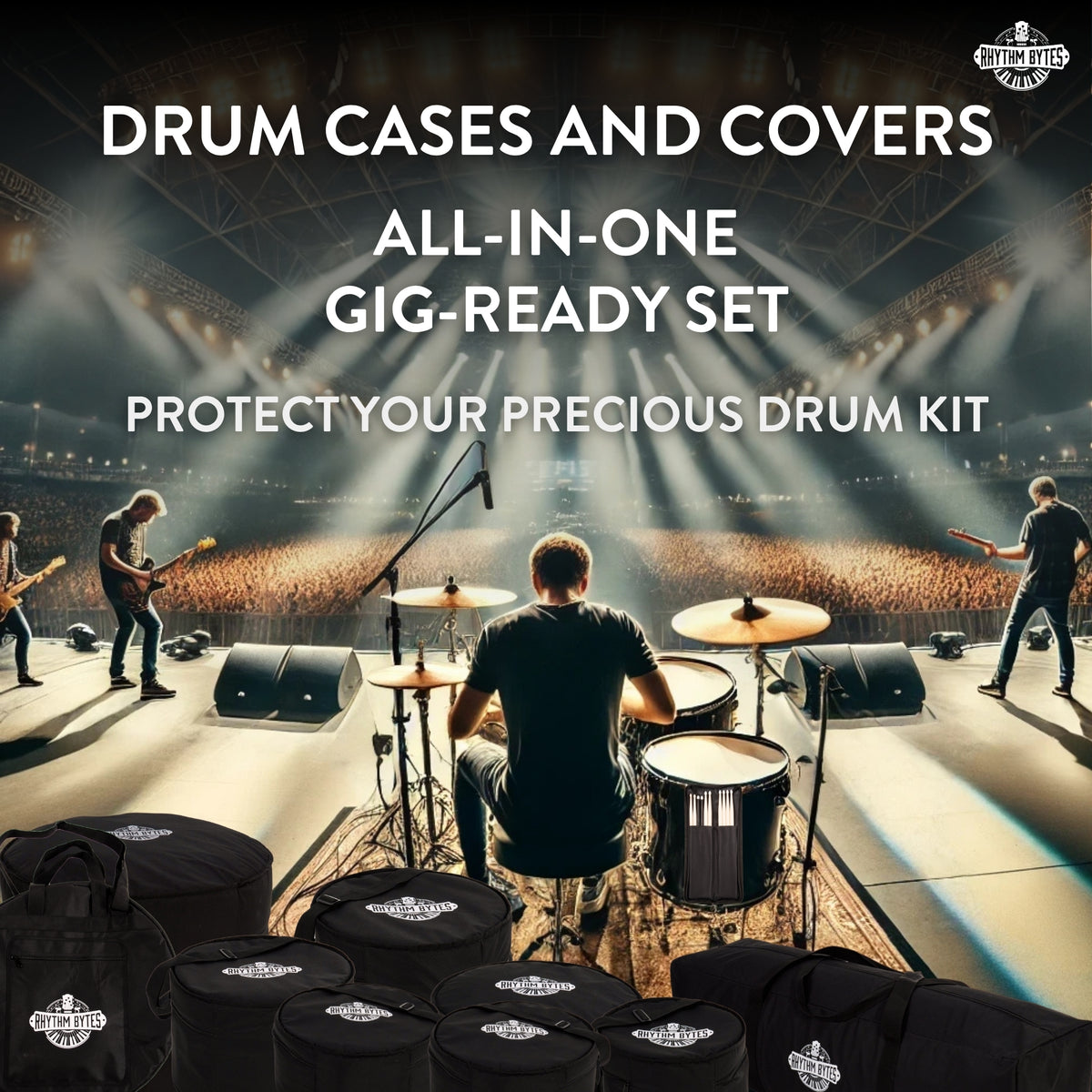 10-pieces Drum Cases, Professional Drum Bags set, Thick 10mm Padding, Cases for 10"/12"/13" Toms, 14" Floor Tom, 16" Floor Tom, 14" snare, 22" Kick, 46" hardware bag, 22" Cymbal Bag, Drumstick bag