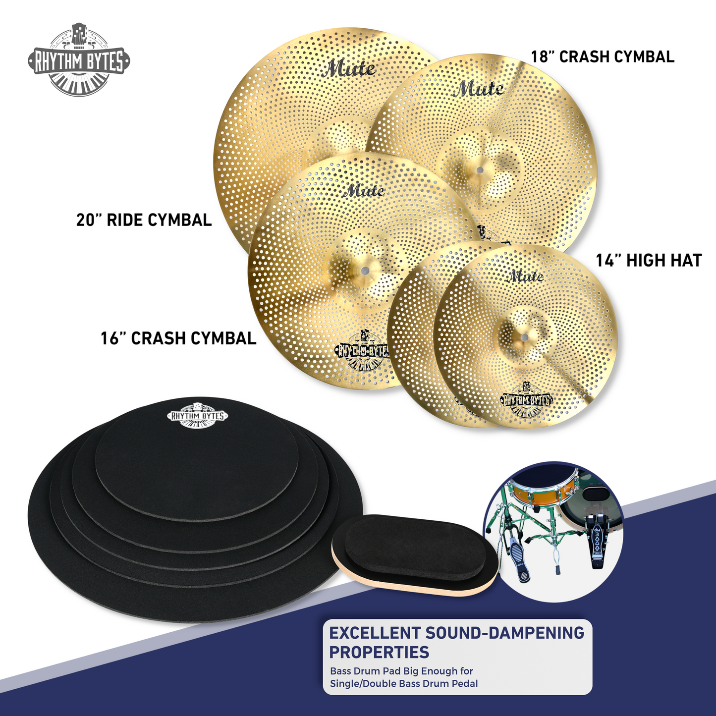 Low Volume Cymbal Pack with Drum Mute Pads, Complete 5pcs Mute Cymbal Set & 6pcs Drum Dampeners, Quiet Cymbals 14"/16"/18"/20" | Drum Mutes 10"/12"/13"/14"/16", 1 Bass Drum Mute Pad, Free Cymbal Bag