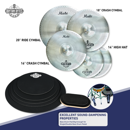 Low Volume Cymbal Pack with Drum Mute Pads, Complete 5pcs Mute Cymbal Set & 6pcs Drum Dampeners, Quiet Cymbals 14"/16"/18"/20" | Drum Mutes 10"/12"/13"/14"/16", 1 Bass Drum Mute Pad, Free Cymbal Bag