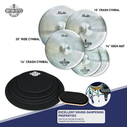 Low Volume Cymbal Pack with Drum Mute Pads, Complete 12pcs Set - Quiet Cymbals 14"/16"/18"/20" | Drum Mutes 10"/12"/13"/14"/16", 1 Bass Drum Mute Pad, Free Cymbal Bag