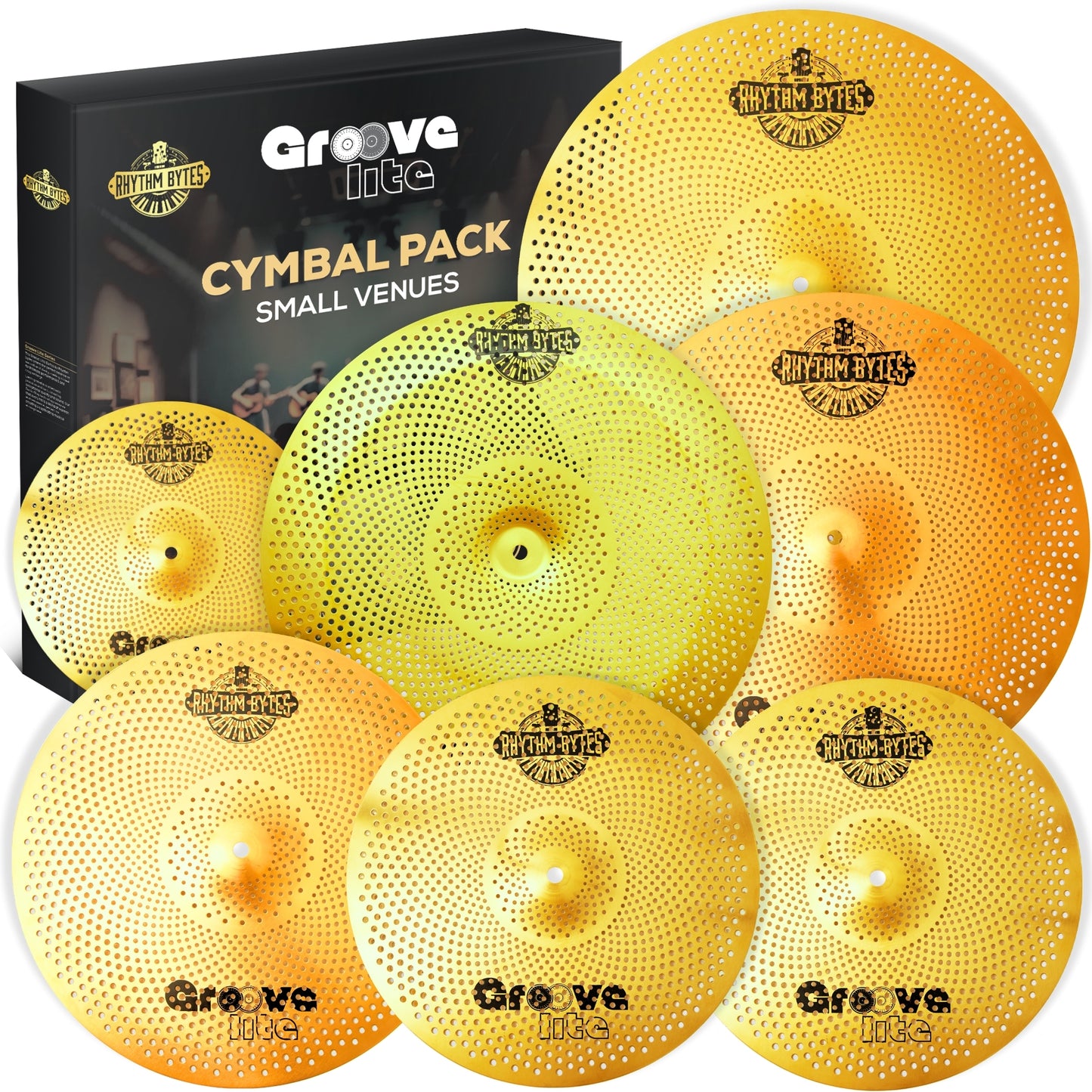Groove Lite Cymbal Pack For Small Venues, Church, Weddings & Gigs | 7-Piece Drum Cymbal Set With Medium Noise & Premium Sound, 14" Hi Hats, 16" & 18" Crash, 20" Dynamic Ride, 18" China & 10" Splash