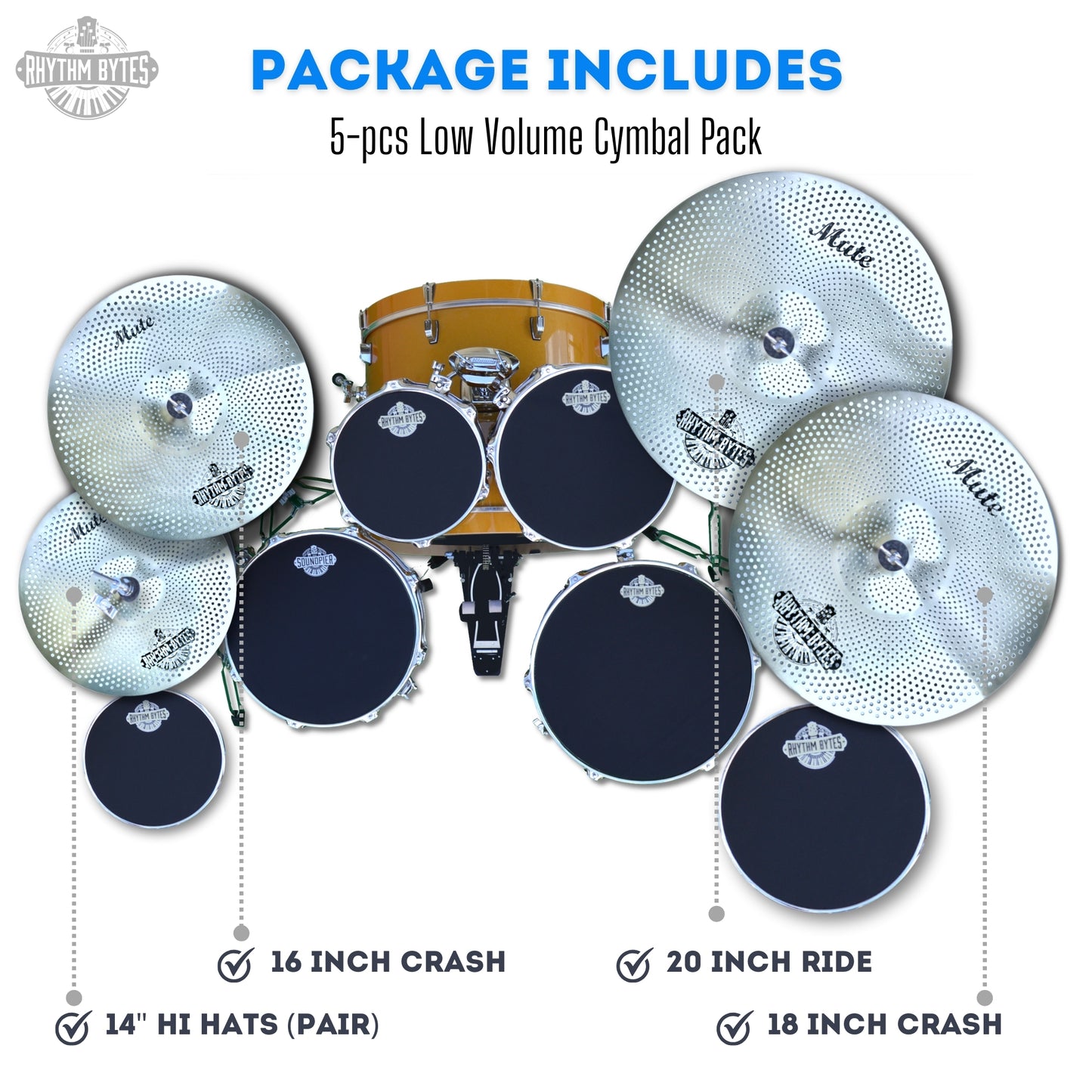 Rhythm Bytes Low Volume Cymbal Pack | 5-pcs Quiet Cymbal Set | Silent Practice for Drums – 14" Hi-Hats, 16" Crash, 18" Crash, 20" Ride | Perfect for Practice & Rehearsals, 3 Color Options