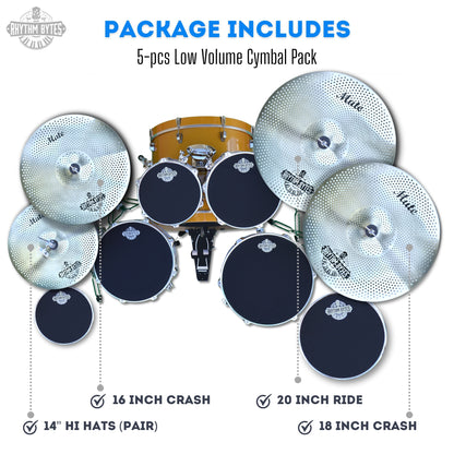 Rhythm Bytes Low Volume Cymbal Pack | 5-pcs Quiet Cymbal Set | Silent Practice for Drums – 14" Hi-Hats, 16" Crash, 18" Crash, 20" Ride | Perfect for Practice & Rehearsals, 3 Color Options