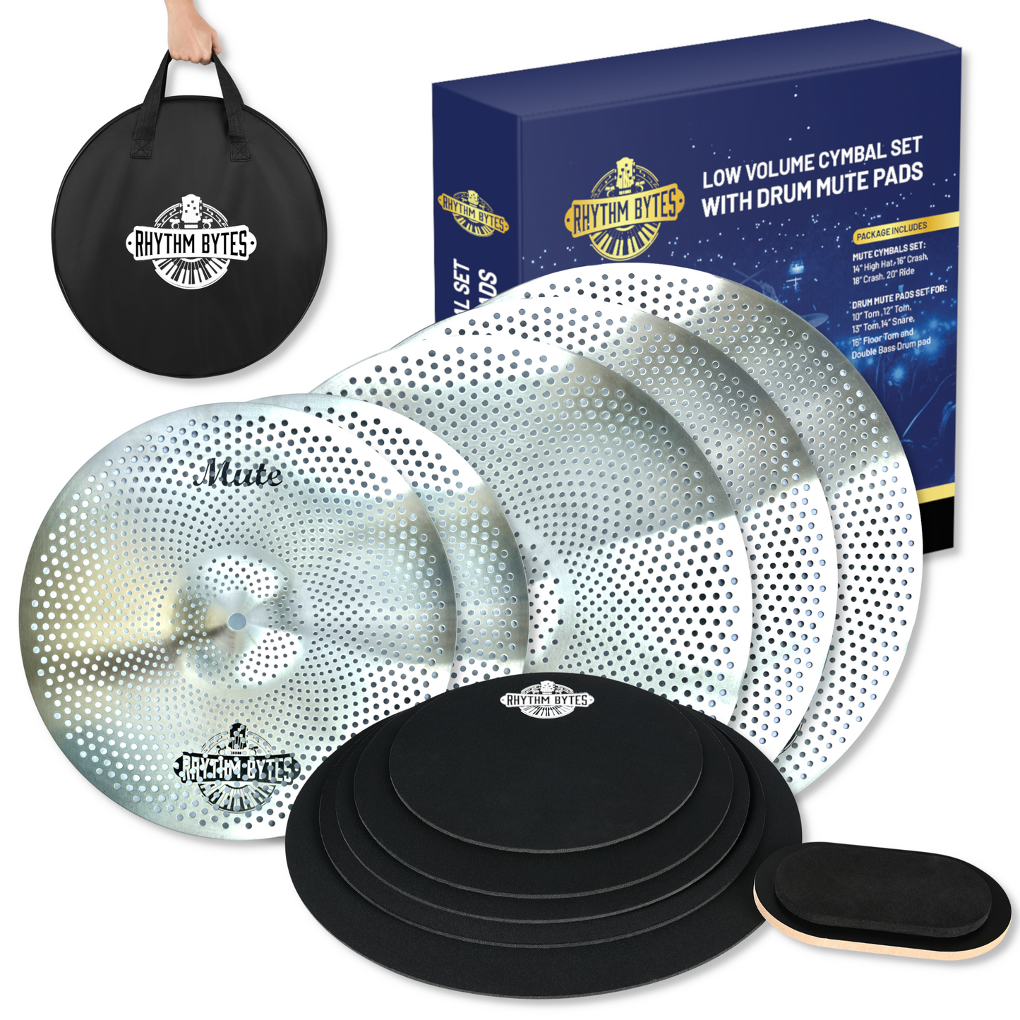 Low Volume Cymbal Pack with Drum Mute Pads, Complete 5pcs Mute Cymbal Set & 6pcs Drum Dampeners, Quiet Cymbals 14"/16"/18"/20" | Drum Mutes 10"/12"/13"/14"/16", 1 Bass Drum Mute Pad, Free Cymbal Bag