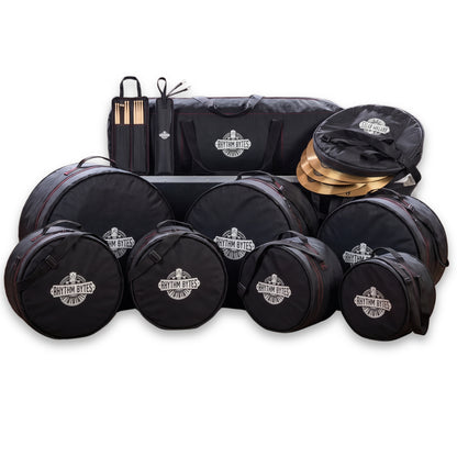 10-pieces Drum Cases, Professional Drum Bags set, Thick 10mm Padding, Cases for 10"/12"/13" Toms, 14" Floor Tom, 16" Floor Tom, 14" snare, 22" Kick, 46" hardware bag, 22" Cymbal Bag, Drumstick bag