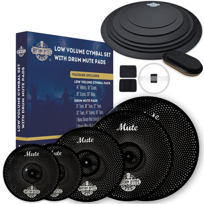 Low Volume Cymbal Pack with Drum Mute Pads, Complete 12pcs Set - Quiet Cymbals 14"/16"/18"/20" | Drum Mutes 10"/12"/13"/14"/16", 1 Bass Drum Mute Pad, Free Cymbal Bag