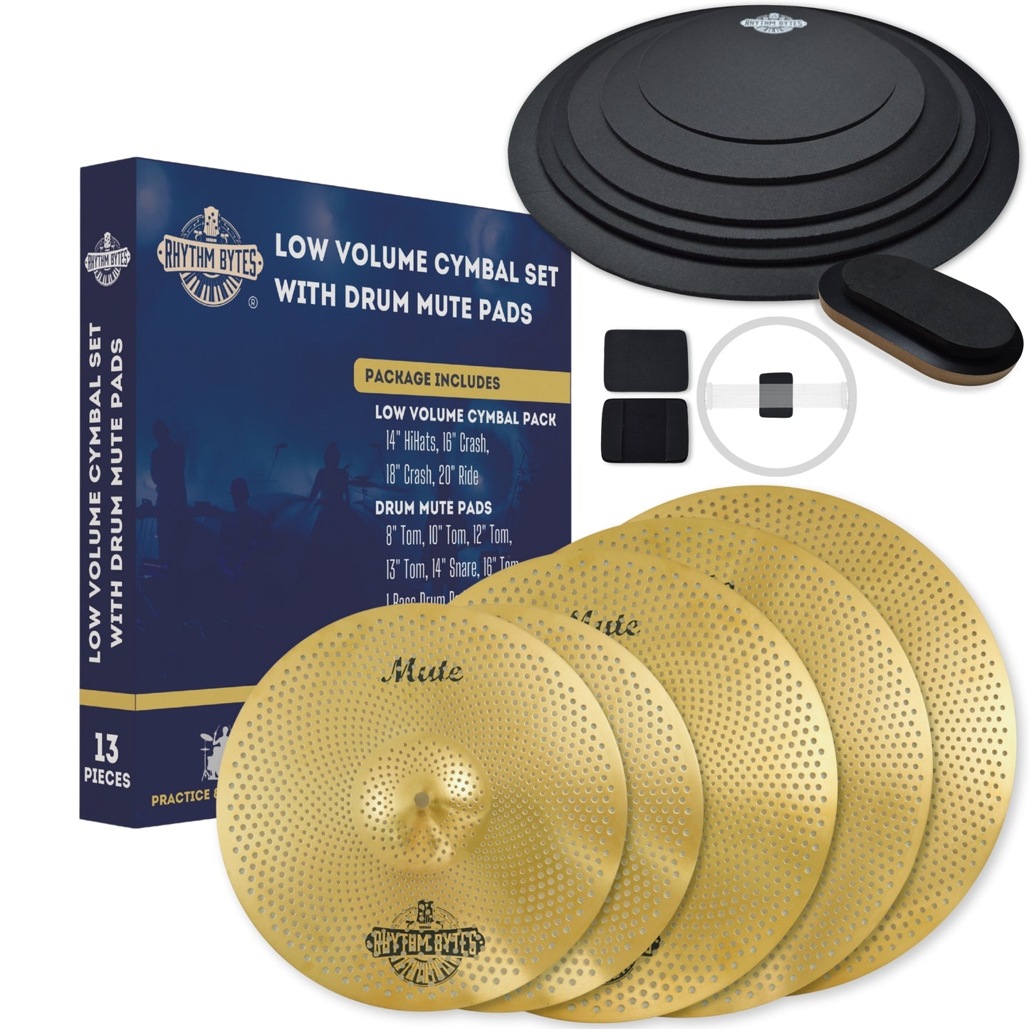 Rhythm Bytes Low Volume Cymbal Pack with Drum Silencer Pads, 13pcs, Cymbals Set - 14"/16"/18"/20", Drum Mute Pads - 8"/10"/12"/13"/14"/16", 1 Bass Mute, 1 Snare Wire Mute, Silver