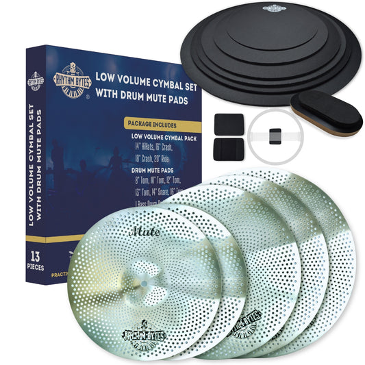 Rhythm Bytes Low Volume Cymbal Pack with Drum Silencer Pads, 13pcs, Cymbals Set - 14"/16"/18"/20", Drum Mute Pads - 8"/10"/12"/13"/14"/16", 1 Bass Mute, 1 Snare Wire Mute, Silver