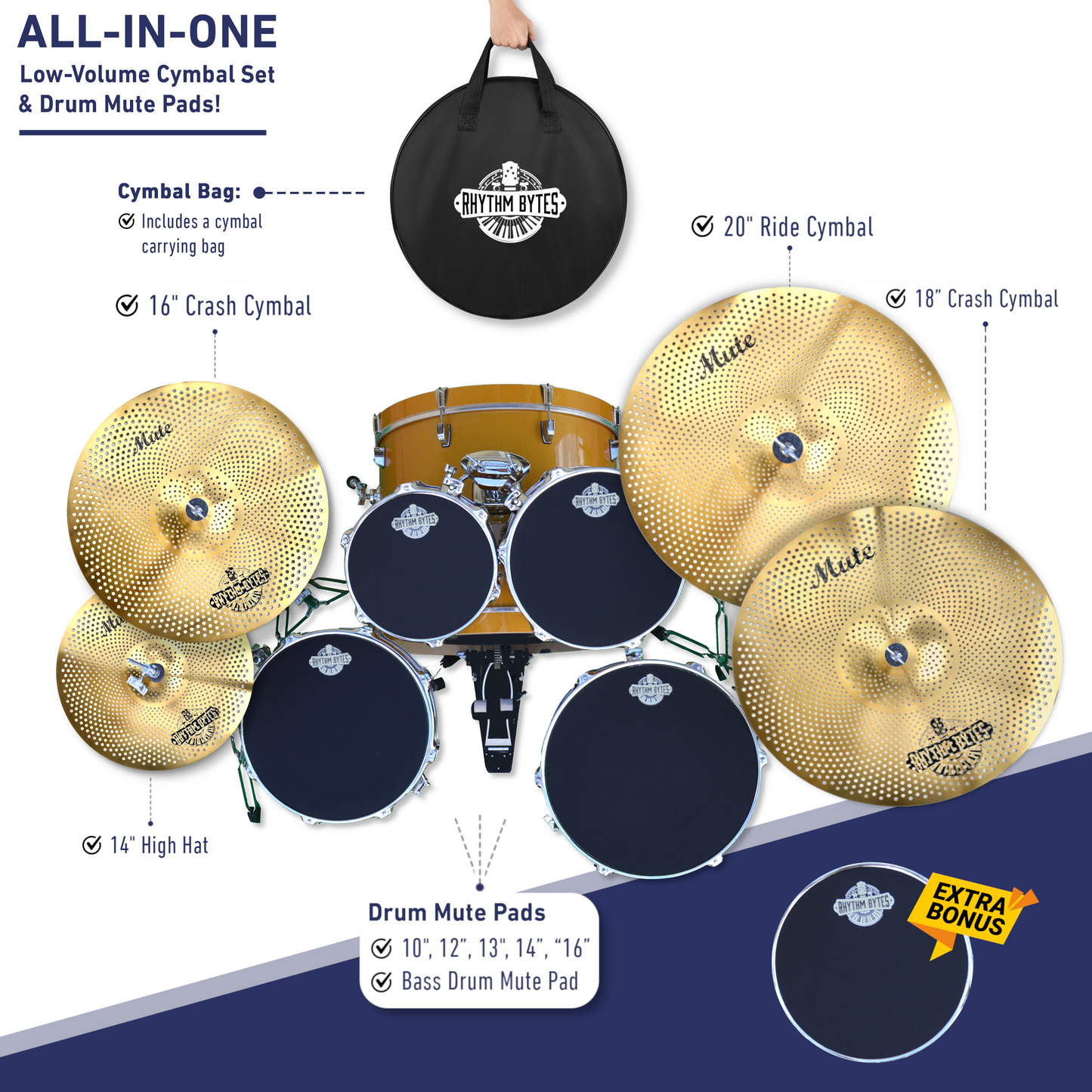 Low Volume Cymbal Pack with Drum Mute Pads, Complete 12pcs Set - Quiet Cymbals 14"/16"/18"/20" | Drum Mutes 10"/12"/13"/14"/16", 1 Bass Drum Mute Pad, Free Cymbal Bag
