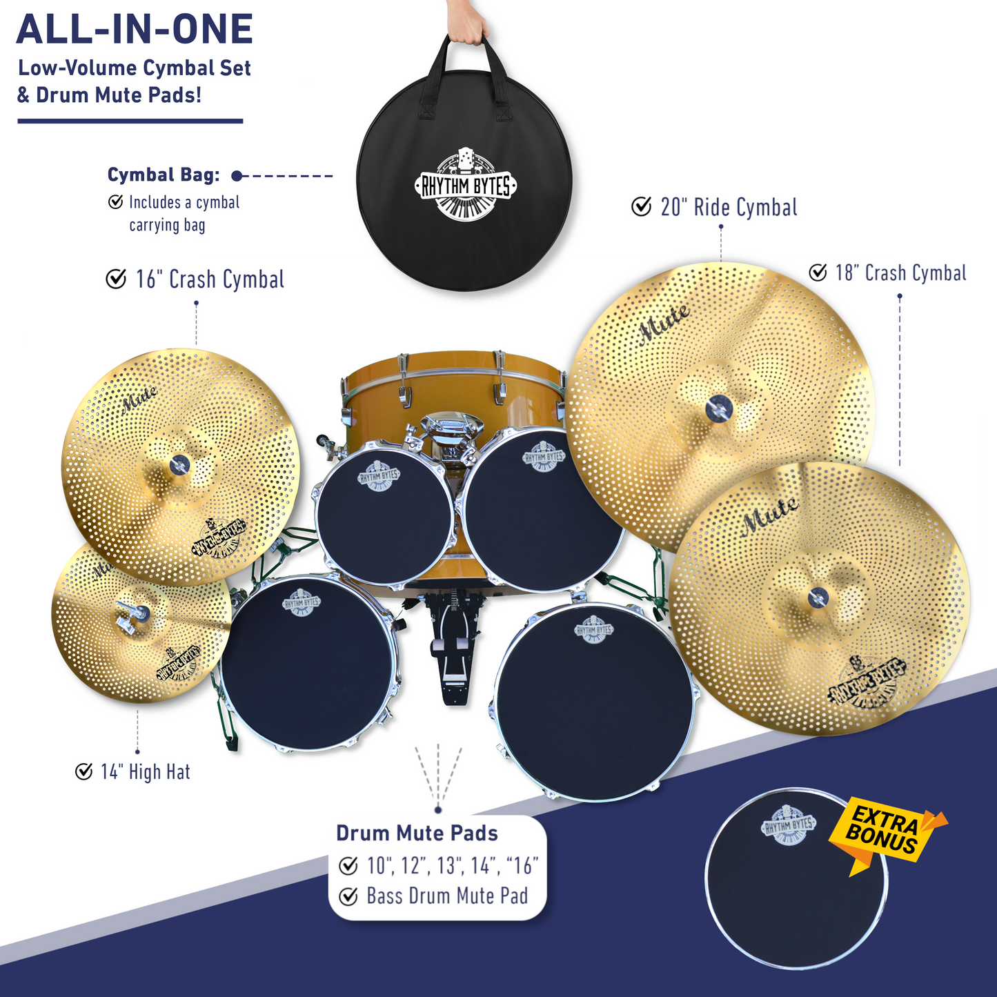 Low Volume Cymbal Pack with Drum Mute Pads, Complete 5pcs Mute Cymbal Set & 6pcs Drum Dampeners, Quiet Cymbals 14"/16"/18"/20" | Drum Mutes 10"/12"/13"/14"/16", 1 Bass Drum Mute Pad, Free Cymbal Bag