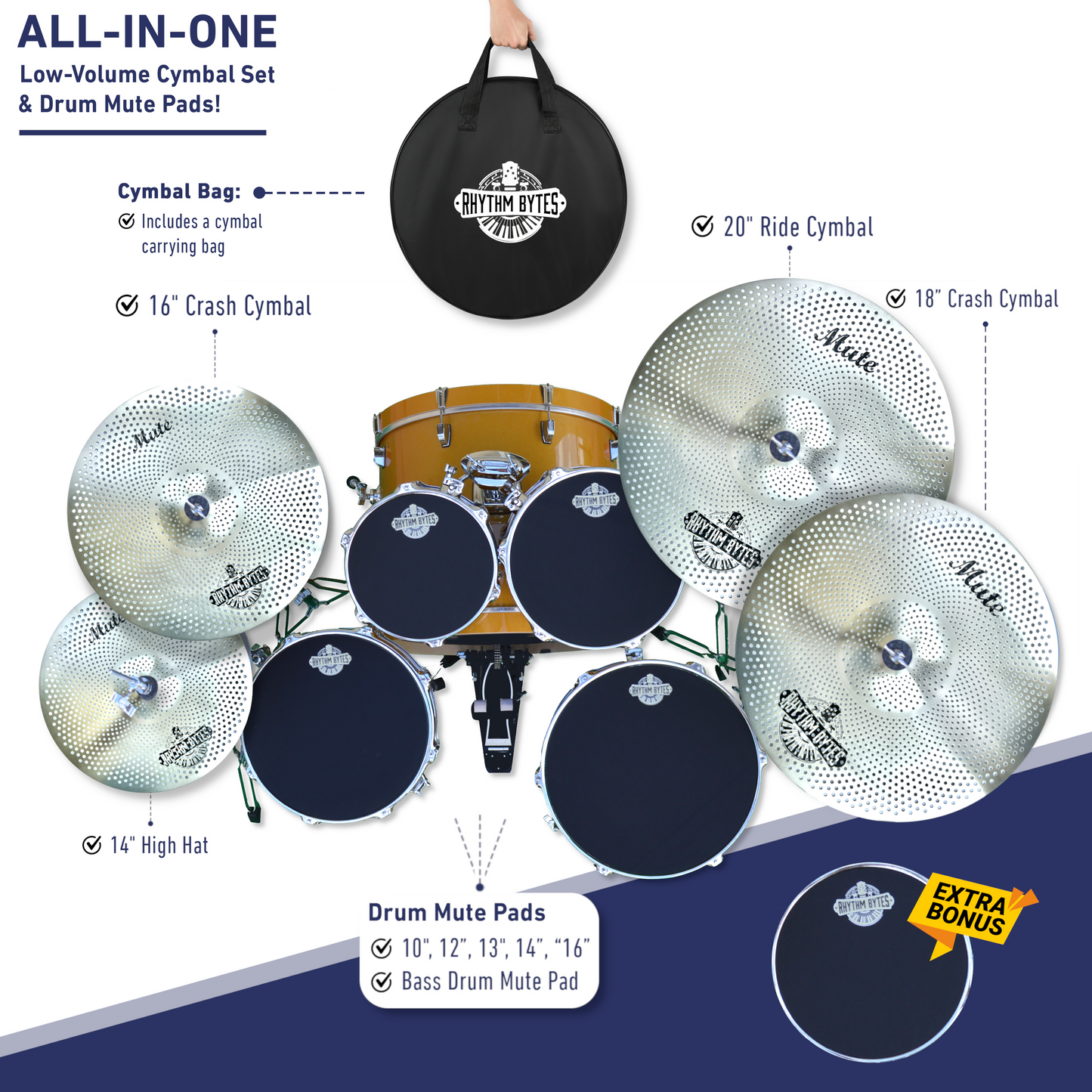 Low Volume Cymbal Pack with Drum Mute Pads, Complete 12pcs Set - Quiet Cymbals 14"/16"/18"/20" | Drum Mutes 10"/12"/13"/14"/16", 1 Bass Drum Mute Pad, Free Cymbal Bag