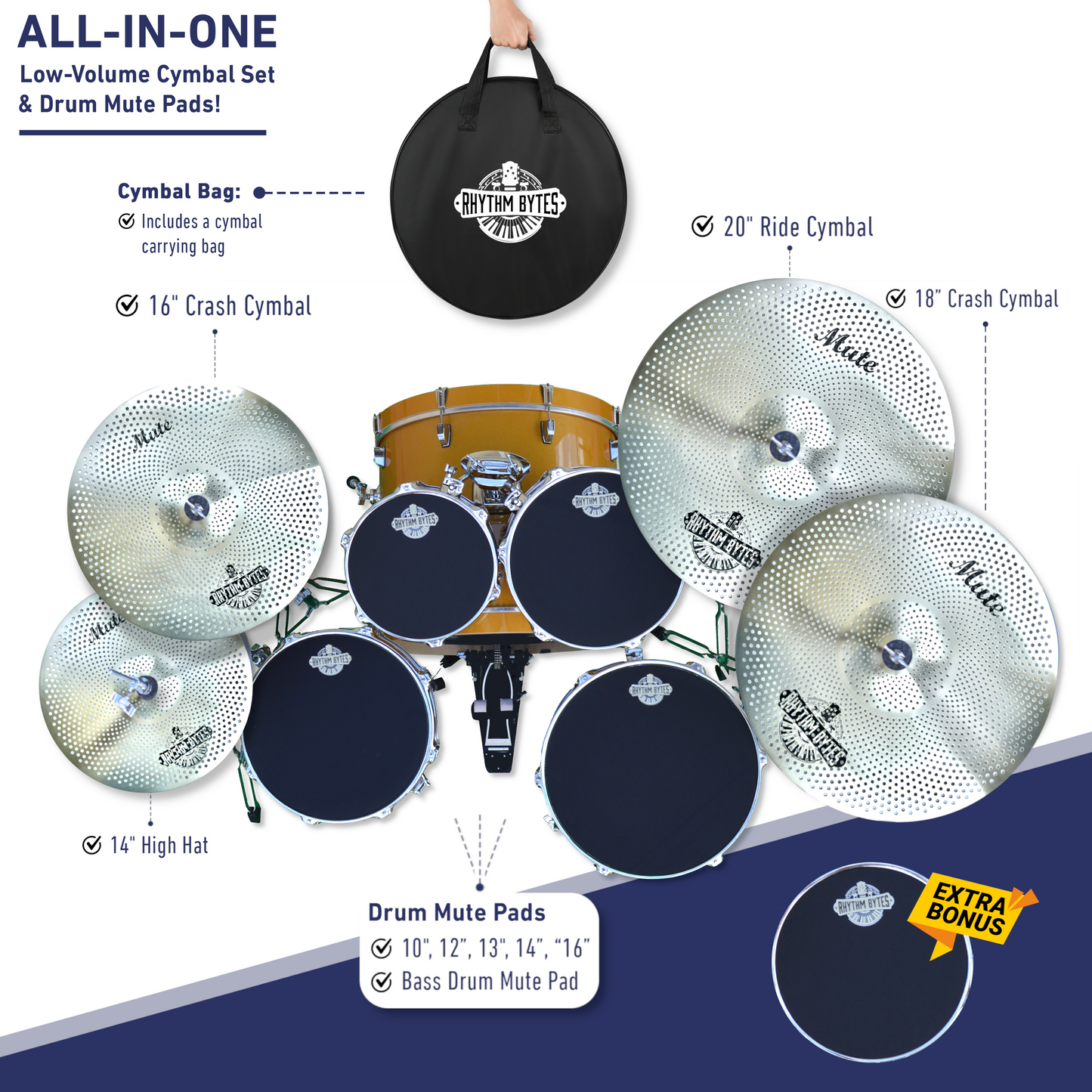 Low Volume Cymbal Pack with Drum Mute Pads, Complete 5pcs Mute Cymbal Set & 6pcs Drum Dampeners, Quiet Cymbals 14"/16"/18"/20" | Drum Mutes 10"/12"/13"/14"/16", 1 Bass Drum Mute Pad, Free Cymbal Bag