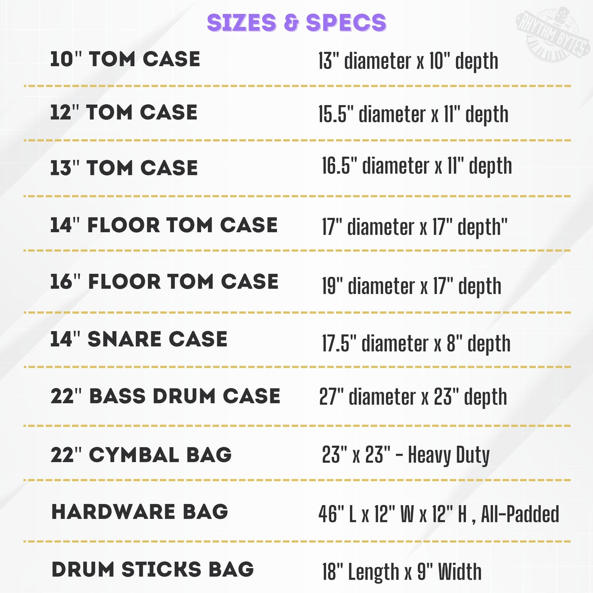 10-pieces Drum Cases, Professional Drum Bags set, Thick 10mm Padding, Cases for 10"/12"/13" Toms, 14" Floor Tom, 16" Floor Tom, 14" snare, 22" Kick, 46" hardware bag, 22" Cymbal Bag, Drumstick bag