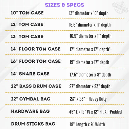 10-pieces Drum Cases, Professional Drum Bags set, Thick 10mm Padding, Cases for 10"/12"/13" Toms, 14" Floor Tom, 16" Floor Tom, 14" snare, 22" Kick, 46" hardware bag, 22" Cymbal Bag, Drumstick bag
