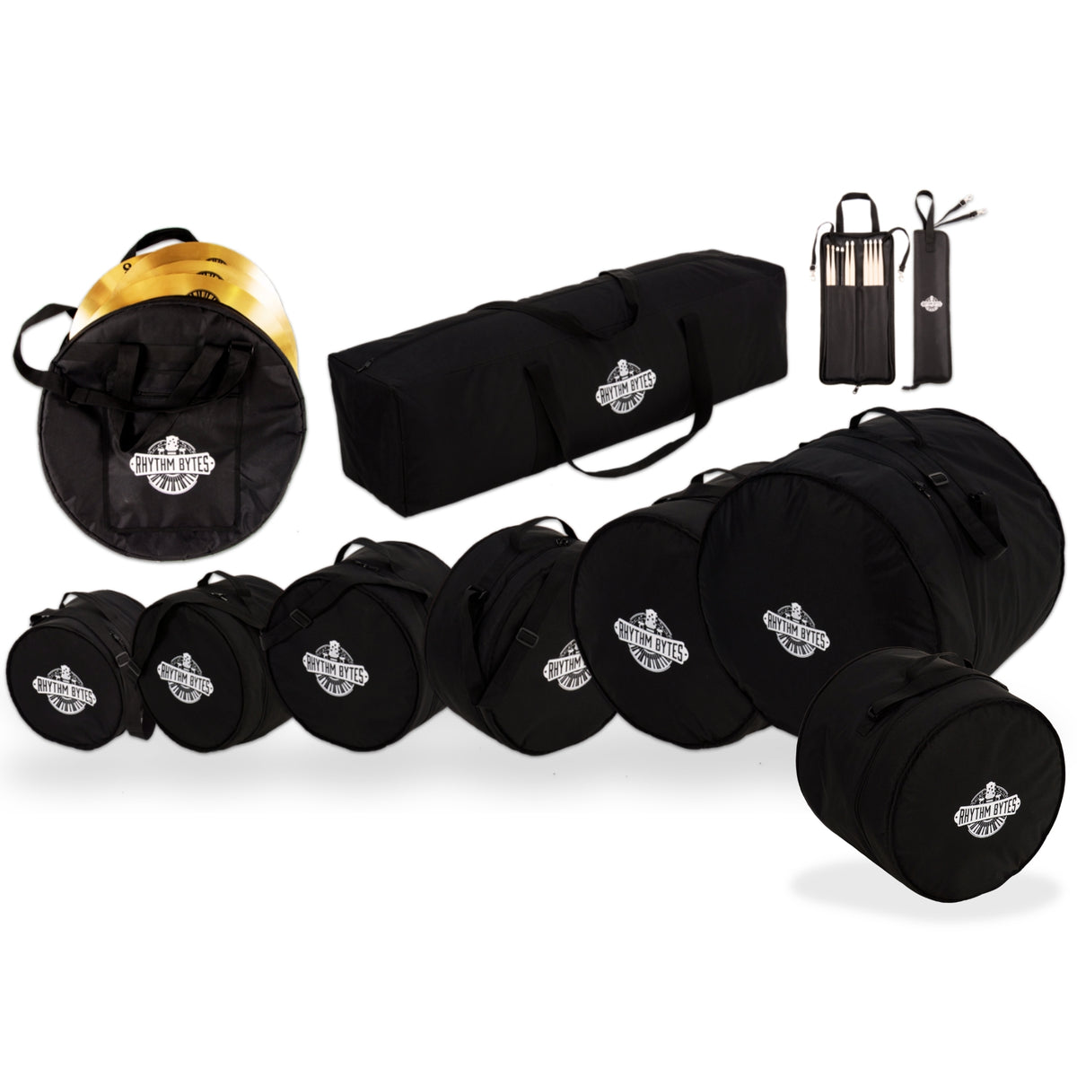 10-pieces Drum Cases, Professional Drum Bags set, Thick 10mm Padding, Cases for 10"/12"/13" Toms, 14" Floor Tom, 16" Floor Tom, 14" snare, 22" Kick, 46" hardware bag, 22" Cymbal Bag, Drumstick bag